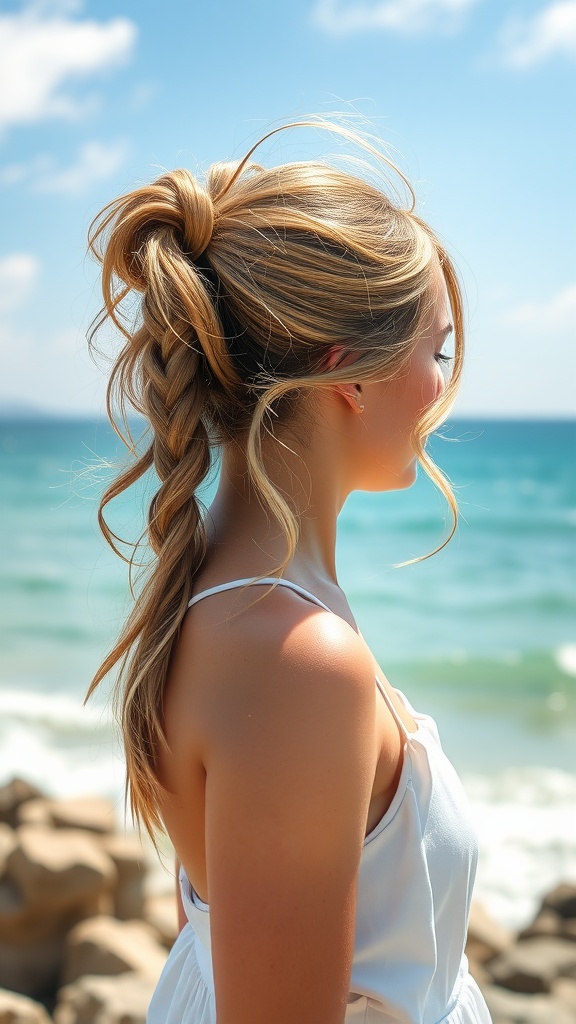 A woman with a textured side ponytail and beach waves by the ocean.