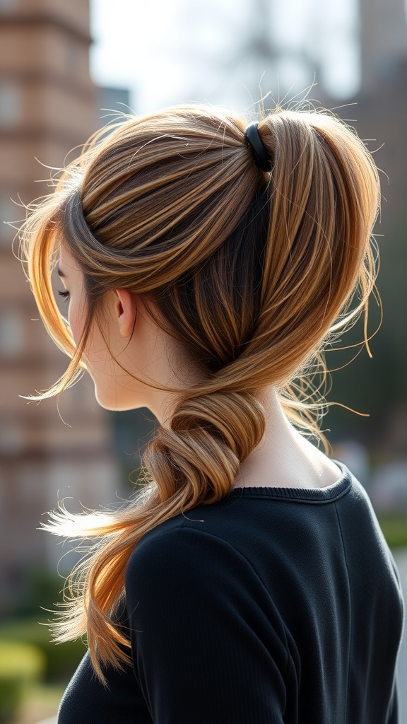 A woman with a textured slick back ponytail, showcasing a stylish hairstyle with soft waves and color depth.