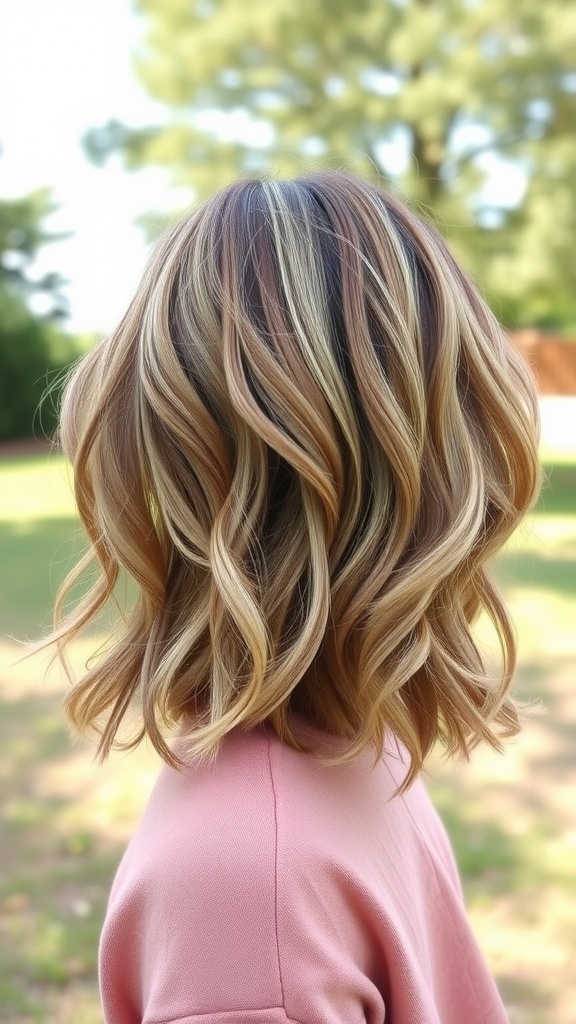 A wavy bob hairstyle with curtain bangs, showcasing textured waves and warm hair tones.
