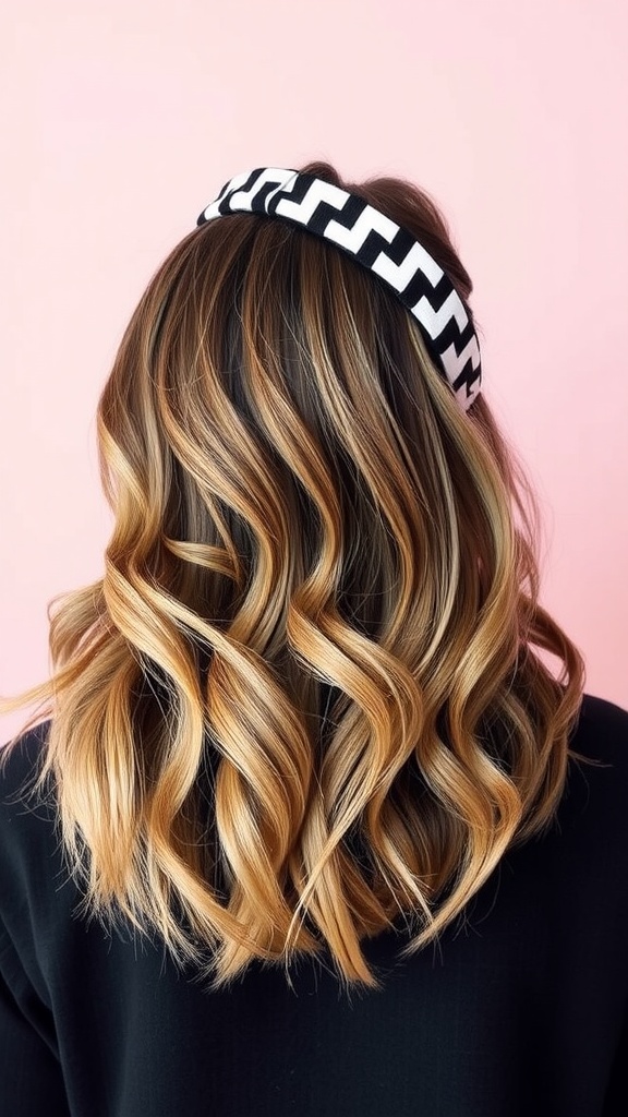 Medium length hair styled in textured waves with a black and white zigzag headband