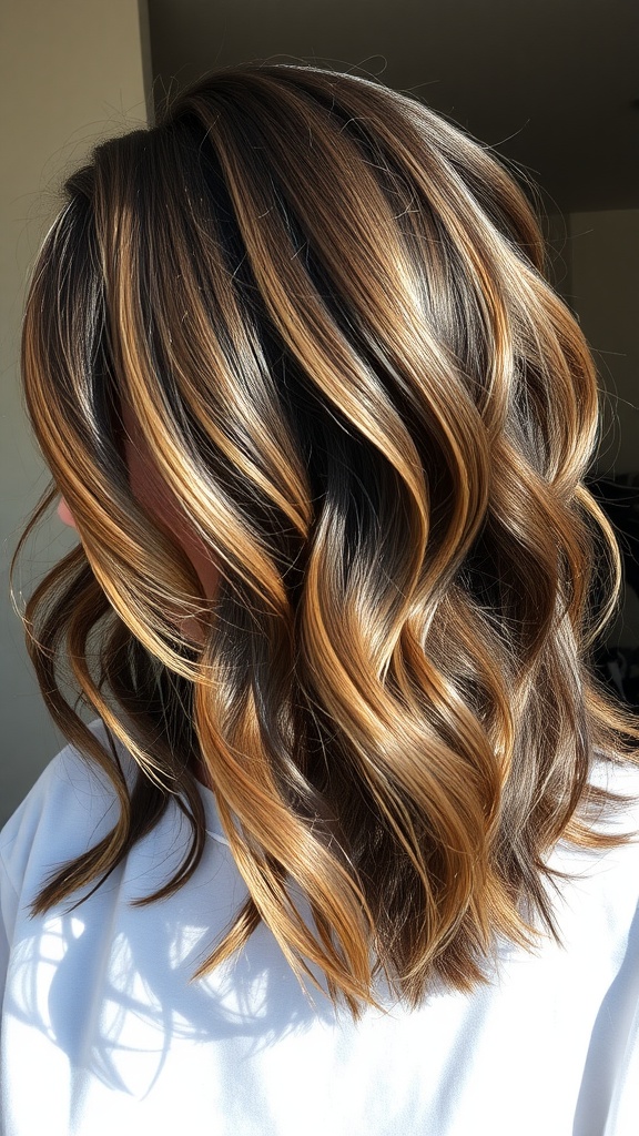 A woman with textured waves and highlights in her hair, showcasing a vibrant hairstyle.