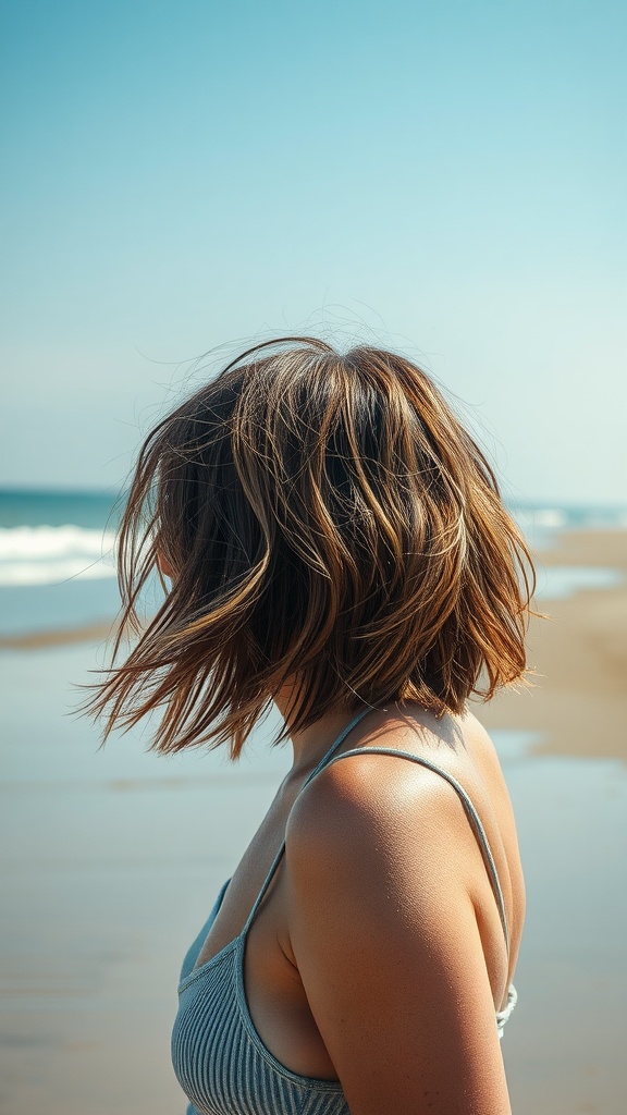 A woman with a textured wavy bob hairstyle stands by the beach, with the ocean in the background.