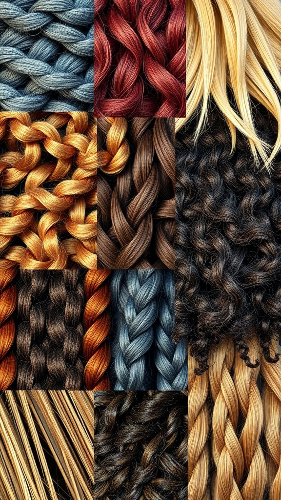 A collage of various hair textures and patterns, showcasing braids, curls, and different hair colors.