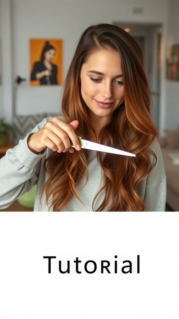 A woman preparing to cut her long hair with scissors, smiling and looking excited.