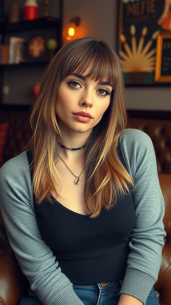 A woman with a mullet hairstyle featuring fringes, sitting in a cozy setting.