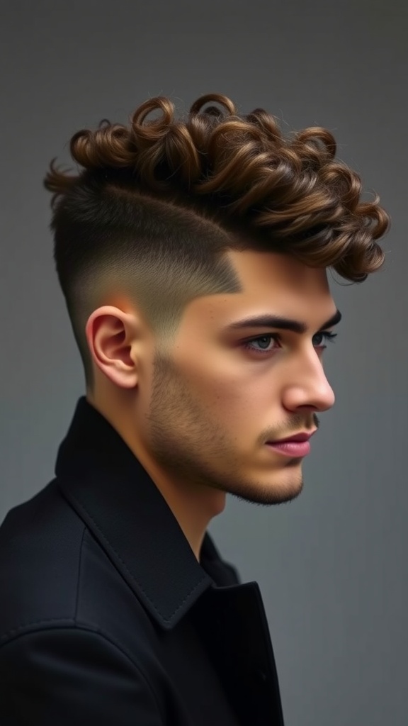 A young man with a curly undercut hairstyle, featuring voluminous curls on top and short faded sides.