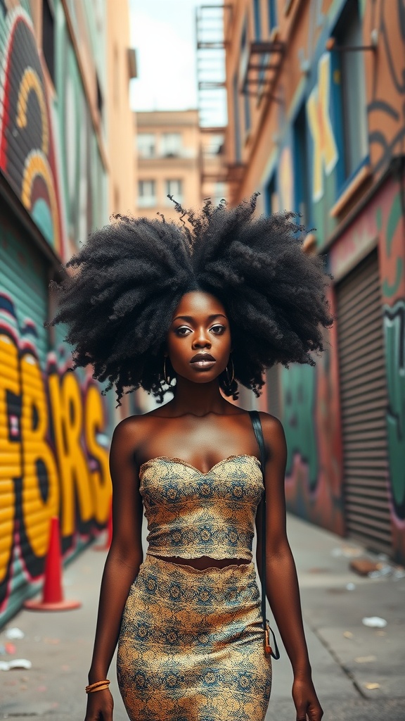 A woman with a large afro puff hairstyle, wearing a patterned outfit, standing in a colorful urban alley.