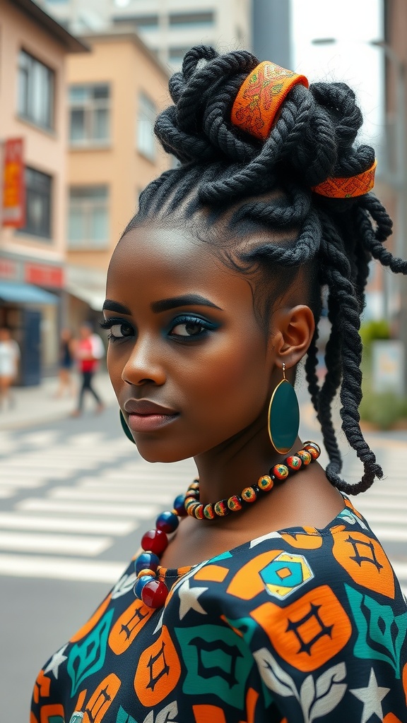 Woman with Bantu knots and colorful accessories standing in an urban setting.