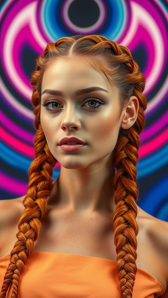 A model with thick ginger braids against a colorful background.