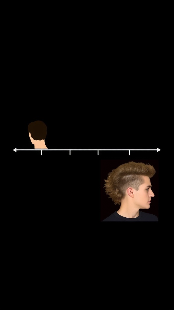 Illustration showing the transition from short hair to a curly mullet hairstyle.