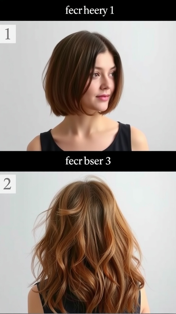 Image showing two hairstyles: a short bob on the top and a long wavy hairstyle on the bottom.