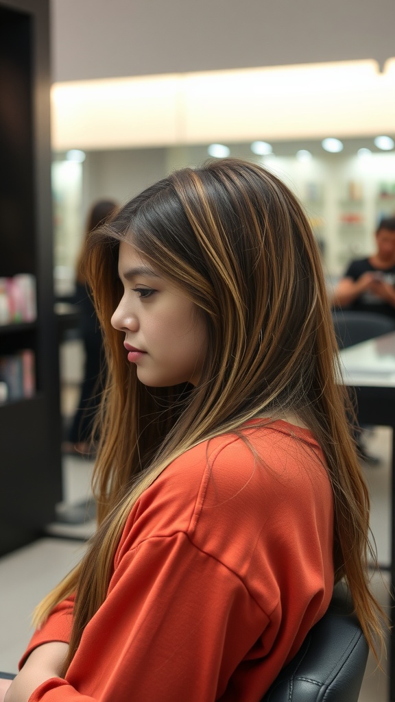 A woman with soft, layered hair, showcasing a mullet hairstyle, sitting in a salon.