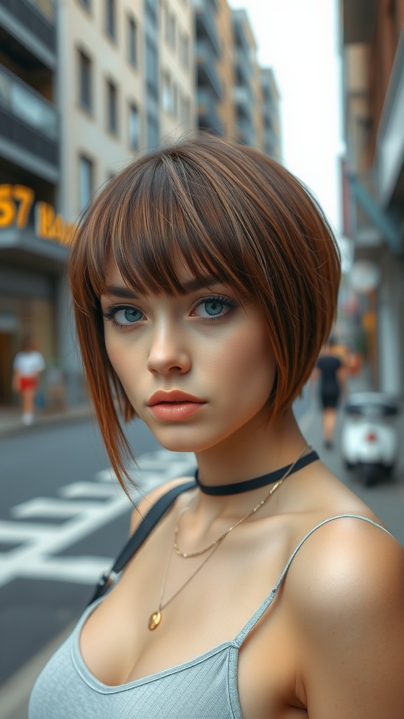 A model with an undercut bob hairstyle featuring bold bangs, showcasing a trendy look in an urban setting.
