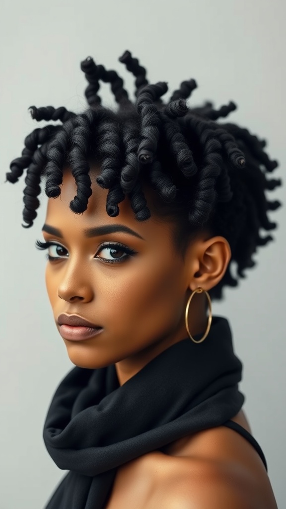 A woman with a twist-out hairstyle on short hair, showcasing defined curls and wearing hoop earrings.