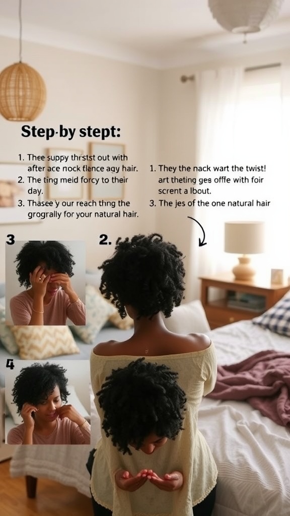 A step-by-step guide on achieving a twist-out hairstyle, featuring a person demonstrating hair twisting techniques.
