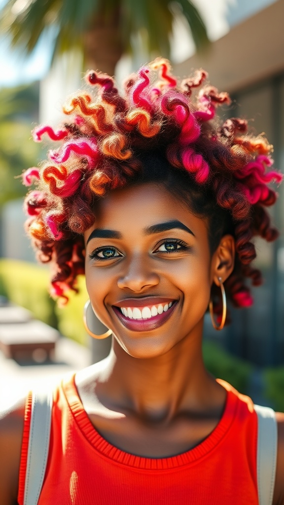 A smiling woman with vibrant pink and orange curly hair, showcasing a twist-out hairstyle