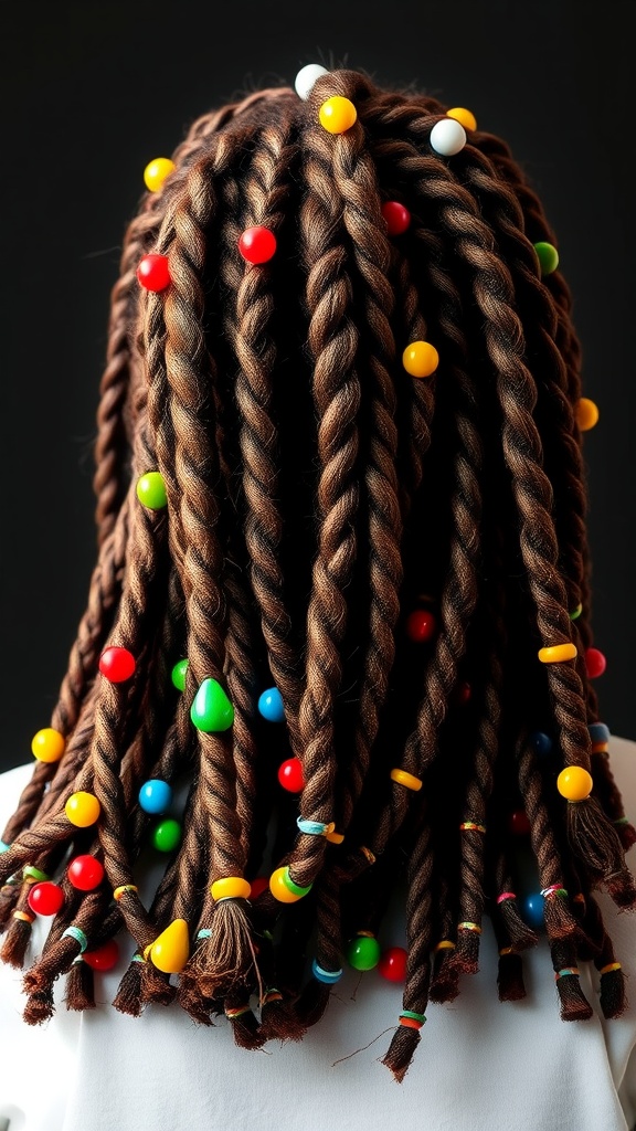A back view of twisted braids with colorful beads.