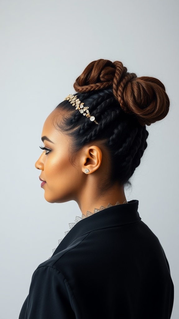 A woman with a Twisted Crown Updo hairstyle, featuring elegant twists and a decorative accessory.