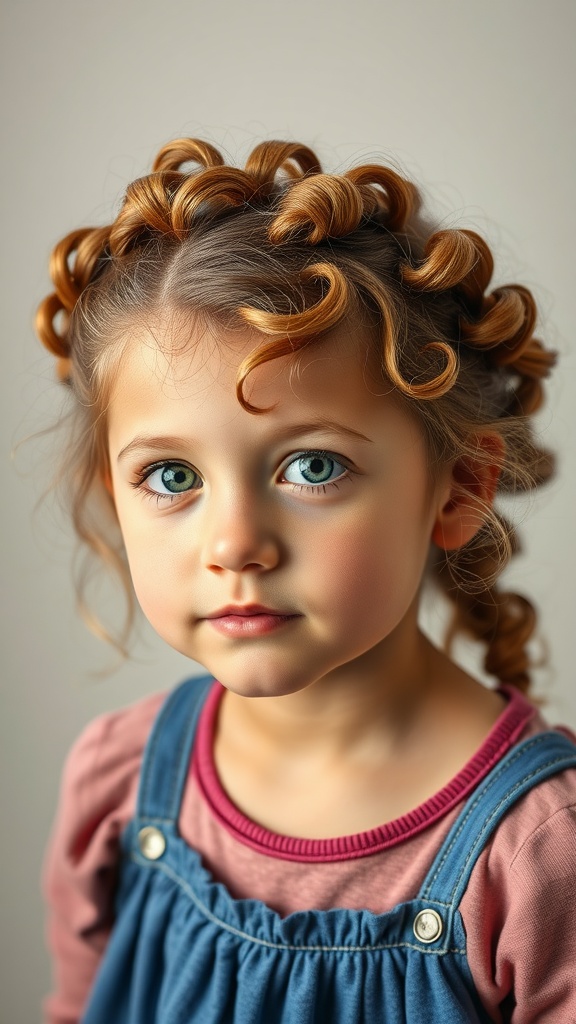 A young girl with a twisted curly crown hairstyle, showcasing neat spiraled curls, bright blue eyes, and a sweet expression.