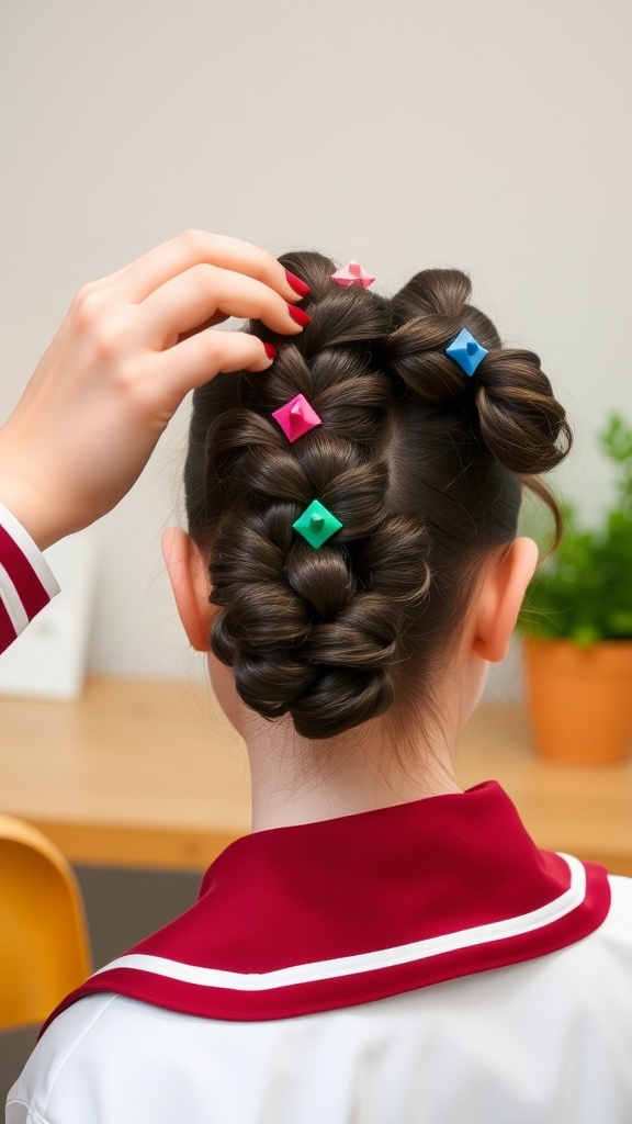A child with a twisted curly updo hairstyle decorated with colorful clips.