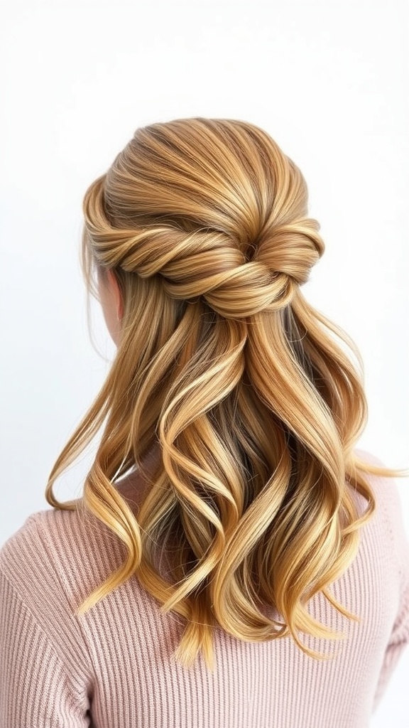 A twisted half-up do hairstyle with volume, showcasing elegant waves and a stylish twist at the back.