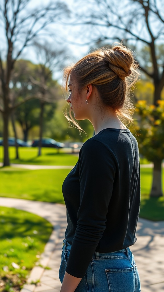 A young woman with a twisted half-up hairstyle, enjoying a sunny day outdoors.
