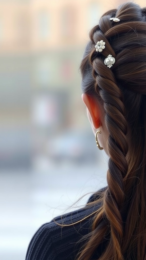 A close-up of a twisted half braid hairstyle with decorative hairpins