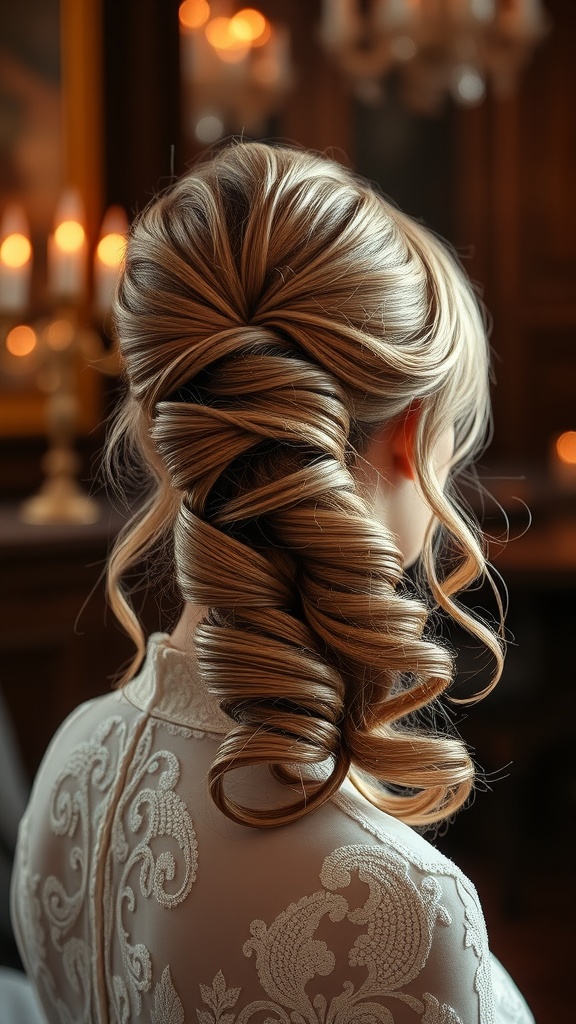 A beautiful twisted half up ponytail hairstyle with soft curls cascading down.