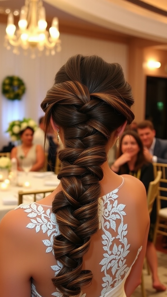 A close-up of a twisted halo and braided ponytail hairstyle.