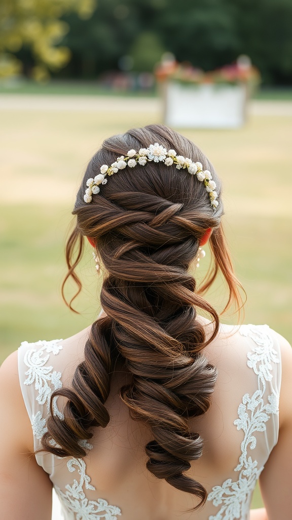 A close-up of a twisted halo braid hairstyle adorned with floral accessories.