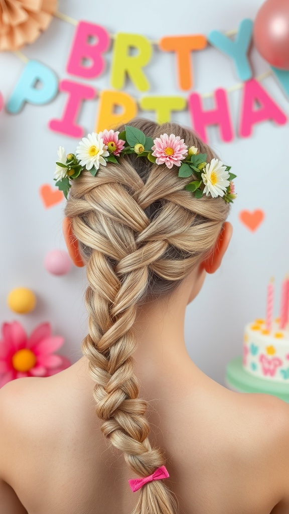 A beautiful twisted halo braid hairstyle adorned with flowers, set against a festive birthday backdrop.