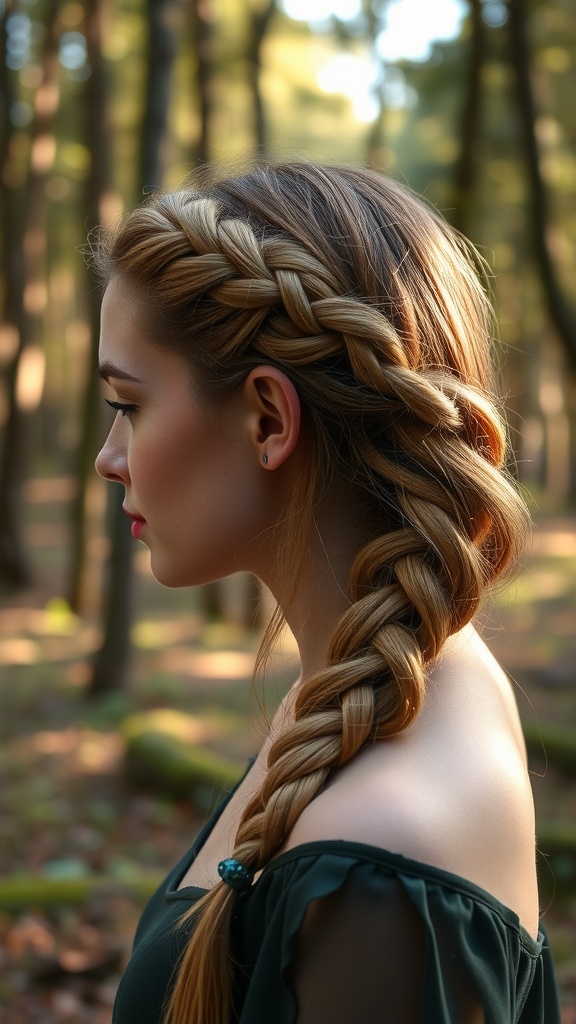 Model with a twisted halo braid hairstyle, showcasing elegance in a forest setting.