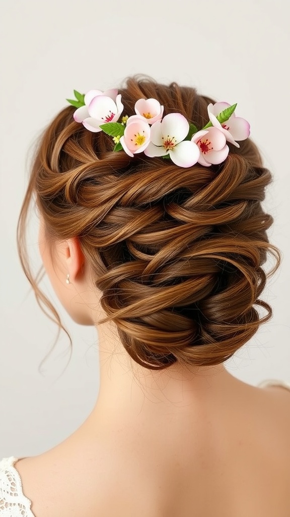 A woman with a twisted halo updo hairstyle adorned with pink flowers.