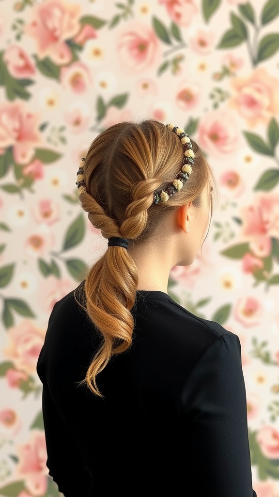 A woman with a twisted halo hairstyle and mid ponytail, set against a floral background.