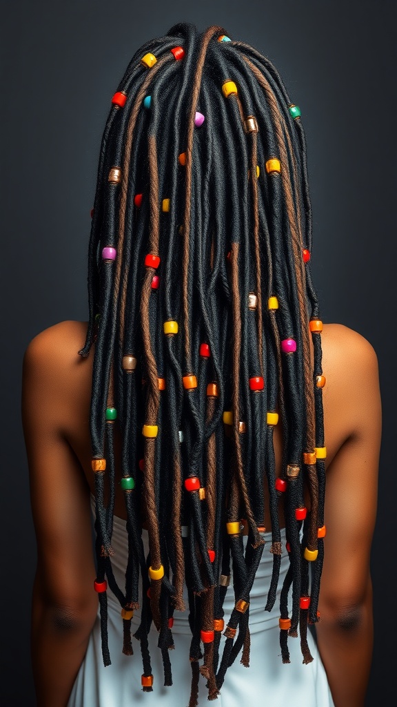 A woman with long twisted locs decorated with colorful beads, showcasing a stylish hairstyle.