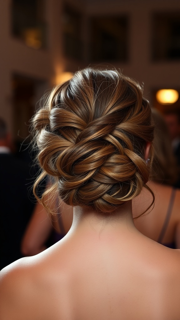 A twisted loose curly updo hairstyle showcasing warm-toned curls styled elegantly.