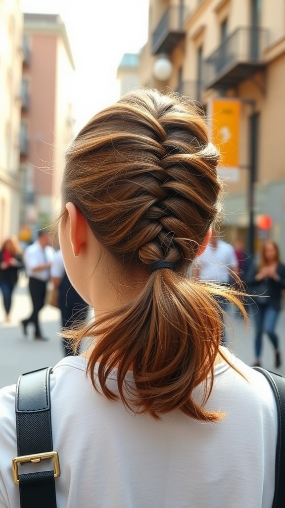 A woman with a twisted mid ponytail hairstyle, featuring a side part.
