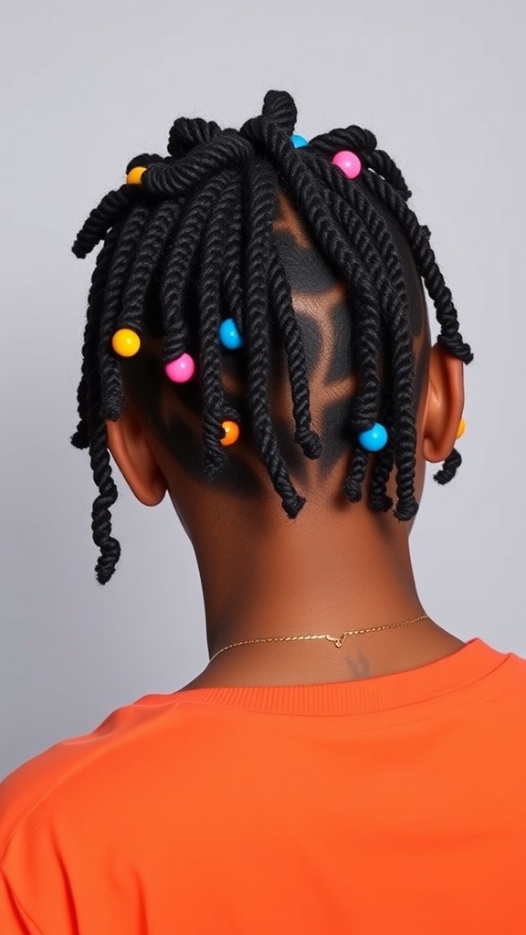 Back view of a head with twisted mini Bantu knots and colorful beads