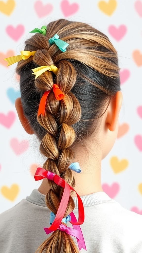 A twisted ponytail braid with colorful ribbons, showcasing a playful hairstyle for kids.