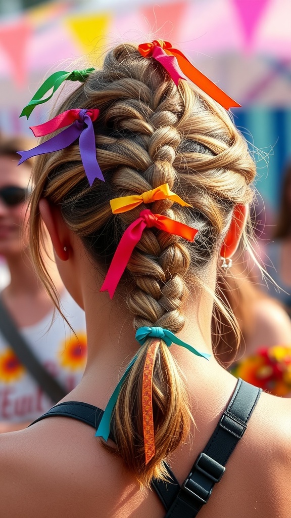 A stylish twisted ponytail adorned with colorful ribbons.