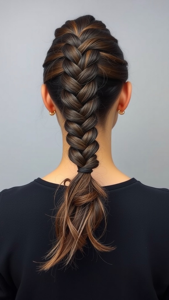 A woman with a twisted quick weave ponytail hairstyle, featuring a neat braid that transitions into a loose ponytail.
