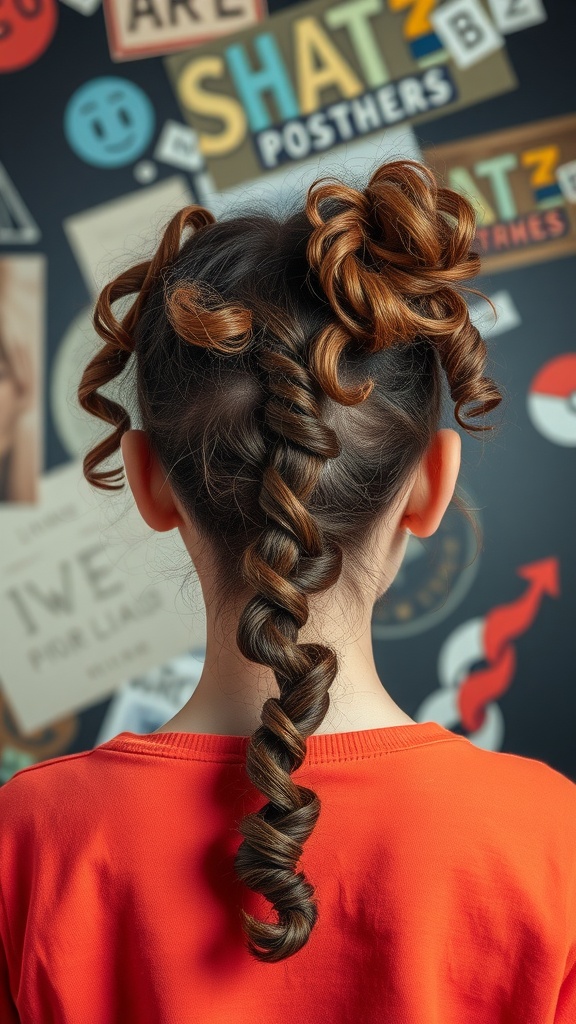 A playful hairstyle featuring twists and curls, with a vibrant orange shirt in the background.