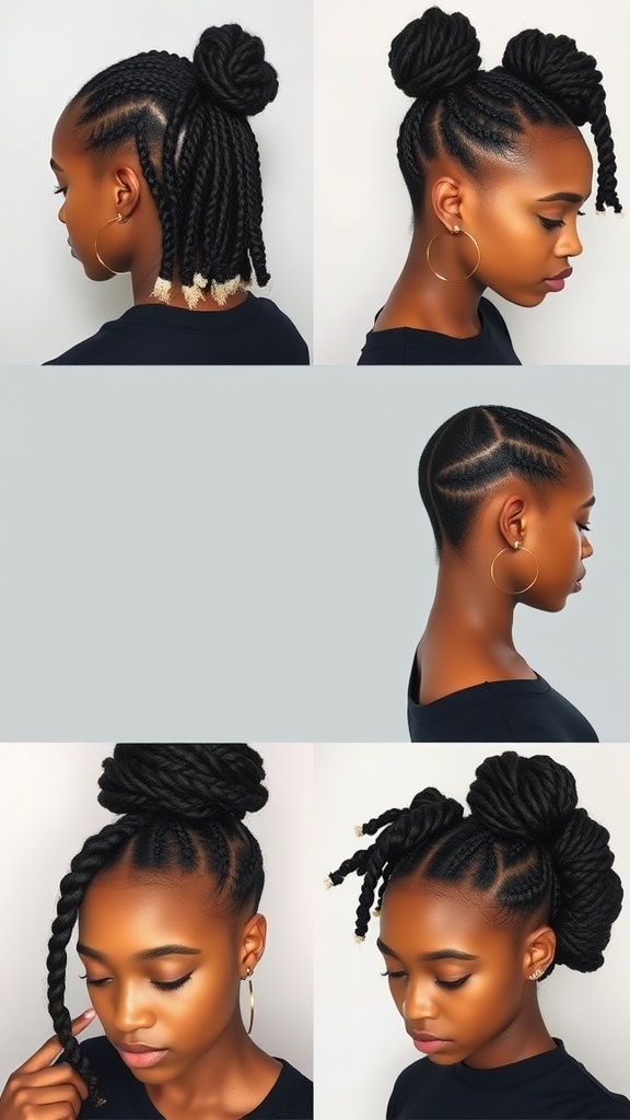 A collage of natural hairstyles including twists, braids, and Bantu knots for 4C hair.
