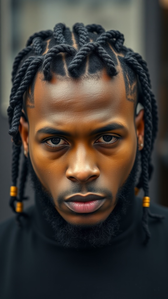 A close-up of a man with two-strand twists hairstyle, showcasing texture and style.