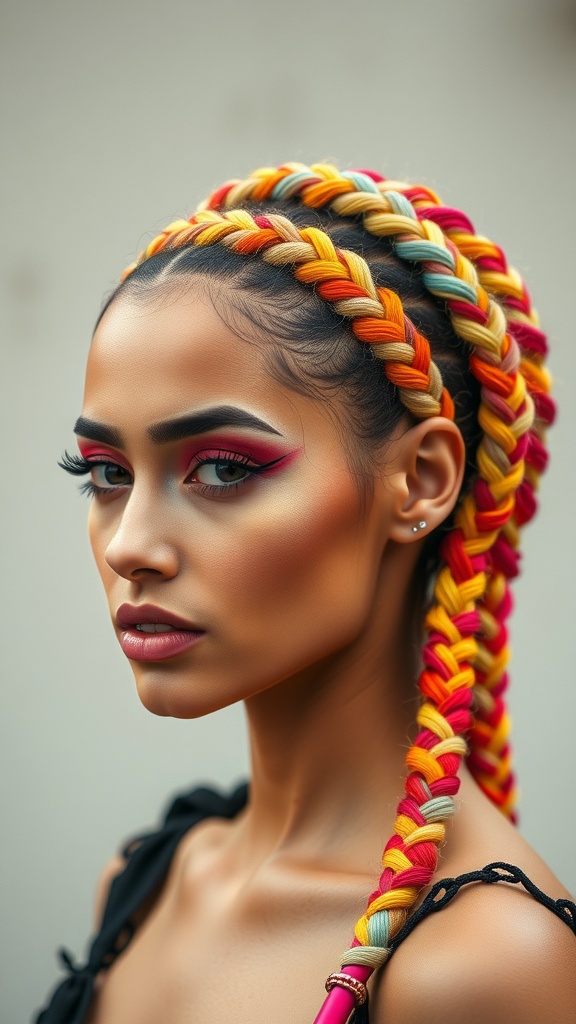 A close-up of a woman with vibrant two-tone braids featuring bright colors like red, orange, and yellow.