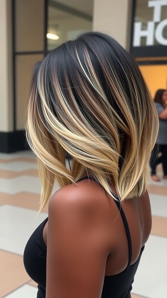 A two-tone long bob hairstyle featuring dark roots and lighter tips with an ombre effect.