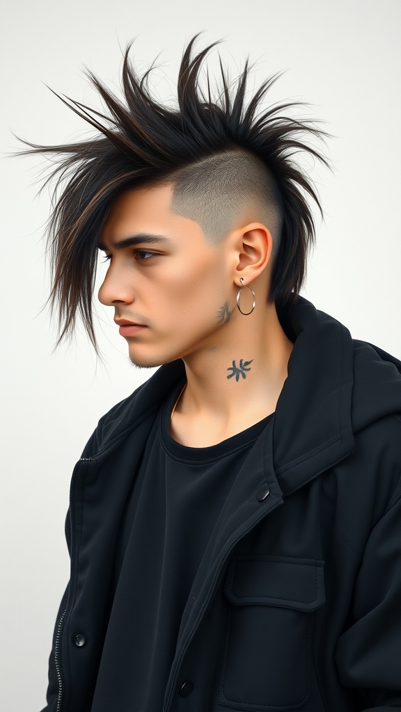 A person with a spiky long mullet hairstyle featuring an undercut, wearing a dark jacket.