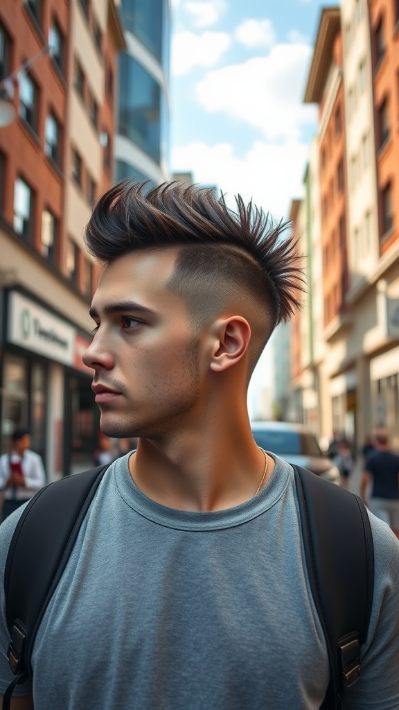 A young man with an undercut mullet hairstyle, standing outdoors in a city.