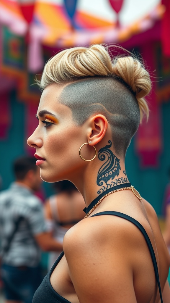 Profile view of a woman with a stylish undercut hairstyle and a neck tattoo.
