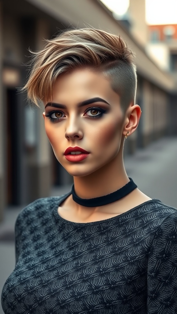 A woman with an undercut and textured top hairstyle, featuring a fashionable look with a choker